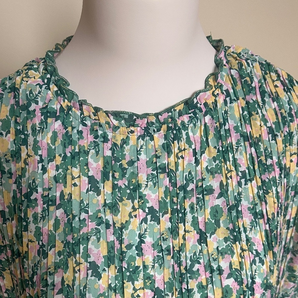 Melloday Green Floral Pleated Ruffle Trim Mini Dress Spring Summer Boho Size M - Picture 5 of 6